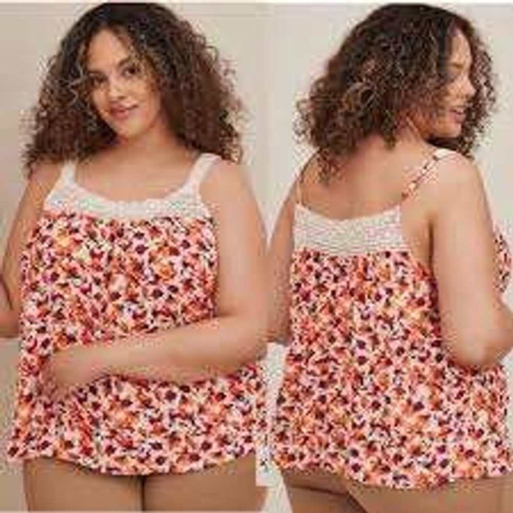 Torrid Womens Orange Floral Gauze Flowy Tank Top Crochet Lace Trim Size 0 L 12